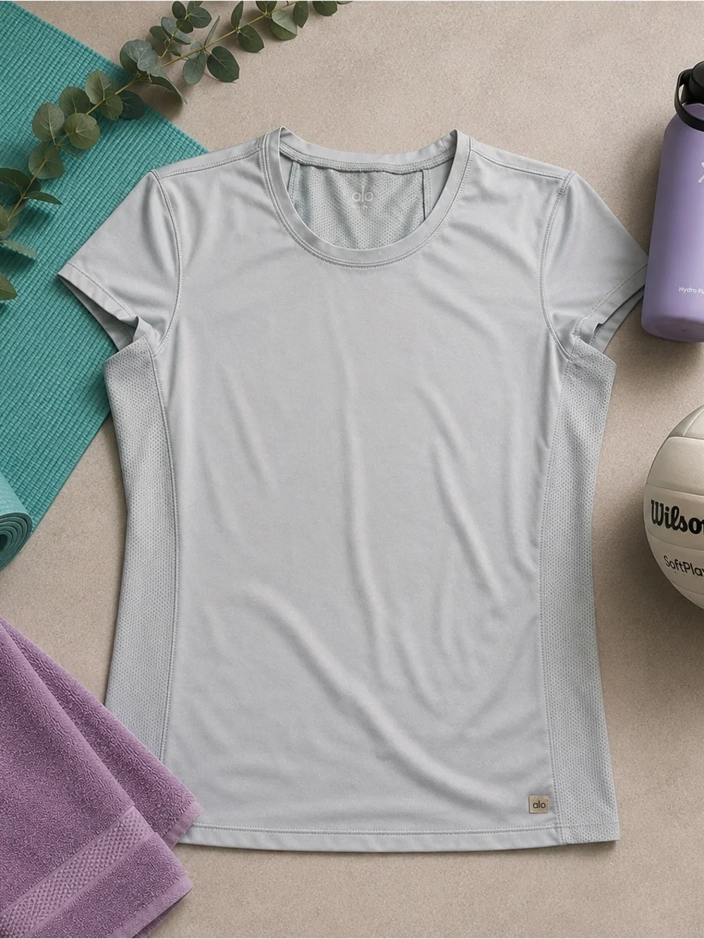 Alo Yoga Women’s Athletic Short Sleeve Running Workout Top Gray Mesh Panels